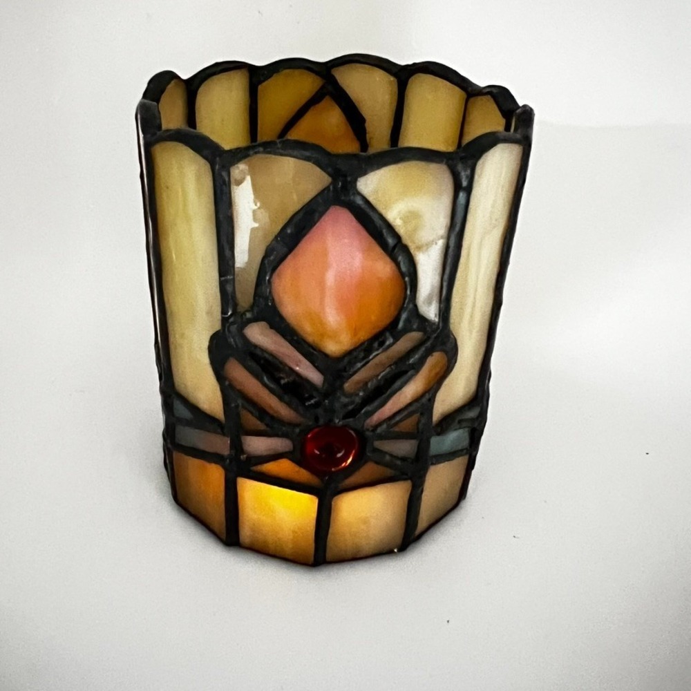 Vintage Tiffany Style Stained Glass Votive Candle Holder Floral 3x3.5